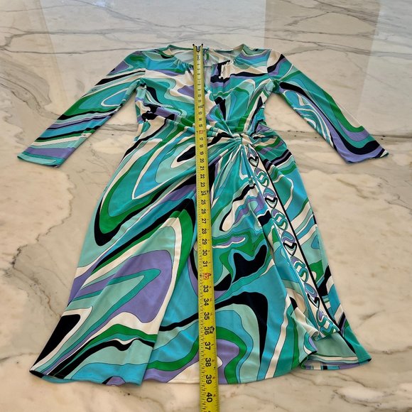 EMILIO PUCCI BLUE MULTI SILK FAUX WRAP ENAMEL BUCKLE DRESS MODEL 72RH25 SIZE IT - Picture 10 of 17